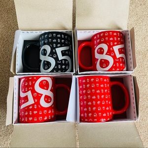 4 x new mugs cups black red 85C bakery coffee